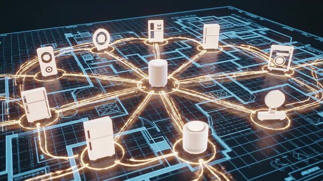 Analyzing a futuristic schematic scene with interconnected icons