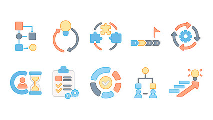 Icons representing the steps of a business procedure, automation, and project flow