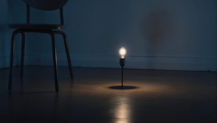 Minimalist Light Bulb Illuminating a Dark Room with a Chair in the Background.