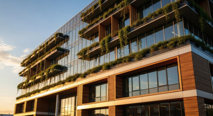 Striking modern building with green terraces and reflective glass facades, illuminated by warm sunlight, embodying sustainable urban architecture.