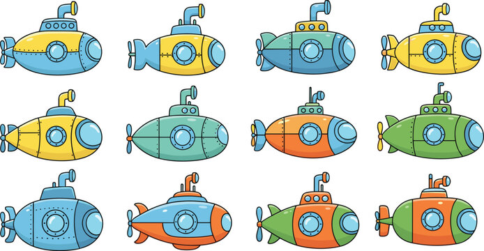 Colorful vector collection of cartoon submarine icons featuring various bathyscaphe designs with periscopes and propellers for undersea exploration and nautical marine adventures.