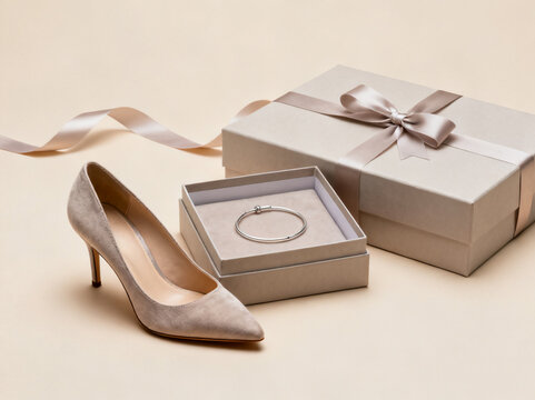 A luxurious high-heeled shoe and a gift box with a ring inside displayed on a soft surface.