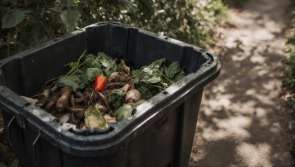 Compost Bin Filled with Organic Waste in Garden Setting.
