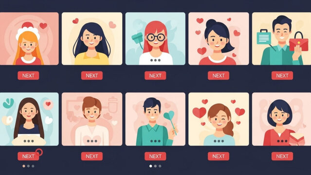 A vector graphic illustration of cartoon people profiles with hearts and next buttons on a dark background