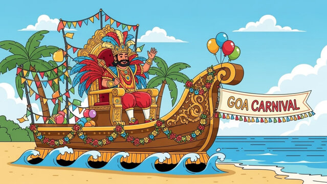 A colorful illustration of a man in a festive boat on a beach with palm trees and a banner that reads Goa Carnival
