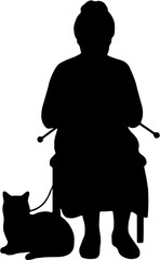 Silhouette of an elderly woman knitting in a chair with a cat nearby