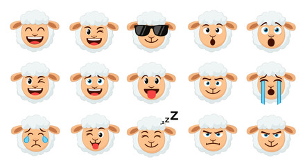 Obraz premium Collection of fifteen white sheep head icons displaying various facial expressions and emotions for messaging and design.