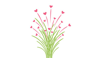 Fototapeta premium Bundle of green grass blades with pink hearts floating upwards like a bouquet or a celebration of love and nature.