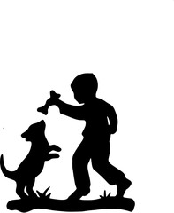 Silhouette of a young boy playing with his dog and holding a bone on white background