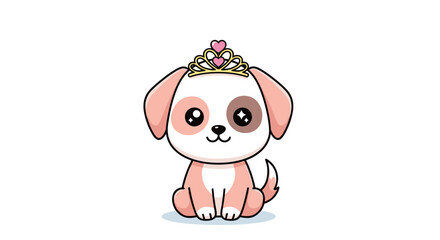 Fototapeta premium Adorable brown and white puppy dog sitting and wearing a golden tiara with pink hearts on its head on white background.