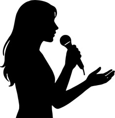 Silhouette profile of a woman singing into a microphone on white background