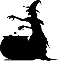 Silhouette of a spooky witch brewing a potion in a cauldron for Halloween