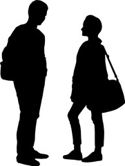 Silhouette of a young man and woman with backpacks standing and talking