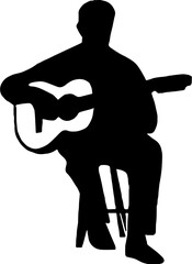 Silhouette of a man sitting on a stool and playing acoustic guitar on white background