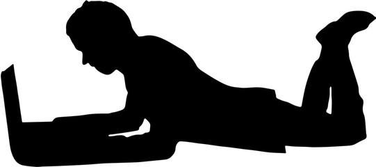 Silhouette of a man lying down and using a laptop on white background