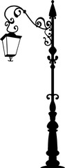 Vintage street lamp silhouette with ornate decorative details on white background