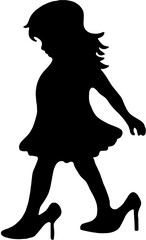Silhouette of a little girl wearing oversized high heels walking on white background