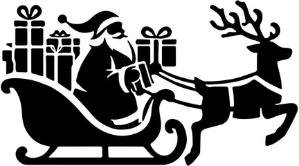 Silhouette of Santa Claus in sleigh with reindeer and Christmas gifts