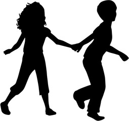 Silhouette of two children holding hands and running together on white background