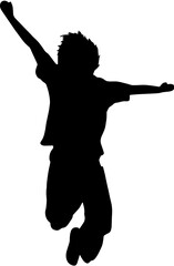 Silhouette of a happy boy jumping in the air on white background