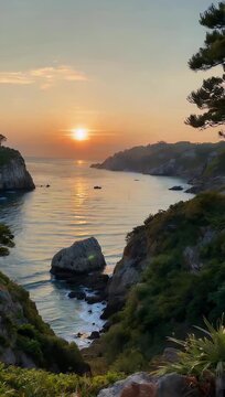 Slow motion 4K panning footage of the stunning Arillas coastline Corfu Greece during sunset capturing waves light reflections panoramic scenic 