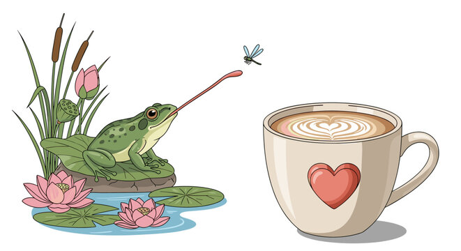 Green spotted frog sitting on a lily pad catching a small fly with its long tongue next to a cup of coffee with a heart pattern.
