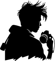 Silhouette of a male photographer holding a professional camera side view