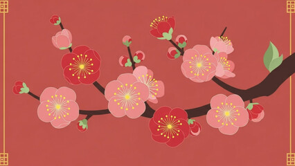 A vibrant vector illustration of a blooming cherry blossom branch with pink flowers and green leaves on a red background