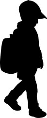 Silhouette of a little boy walking with backpack and cap