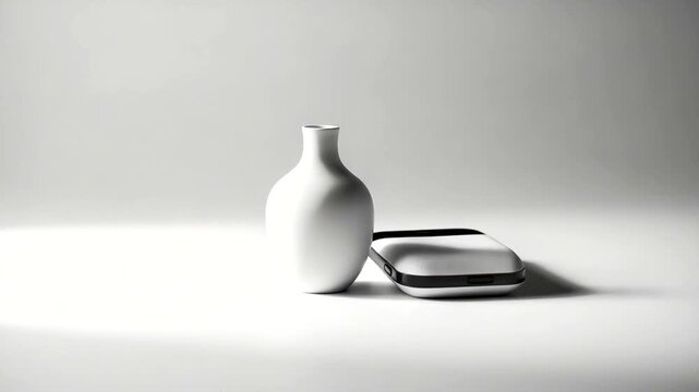 Minimalist white vase and sleek object on light backdrop