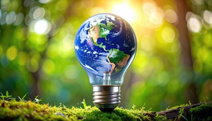 Eco-Conscious Illumination: The Earth, encapsulated within a lightbulb, symbolizes the importance of sustainable energy and environmental protection. This image blends nature and technology