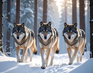 Three gray wolves walking toward the camera in a snowy forest