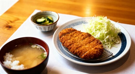 Japanese comfort food tonkatsu set meal on a dining table, warm tones, traditional tableware, cabbage salad and small side dish