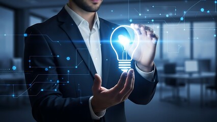 Businessman holding glowing innovation and technology lightbulb concept