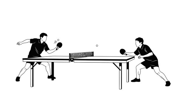 Two men playing Tenis Meja with paddles and a ball on a table in a black and white illustration with a simple background.