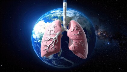 Breathing Earth: A symbolic representation of lungs overlaid on a globe, illustrating the vital link between respiration and the planet's health.