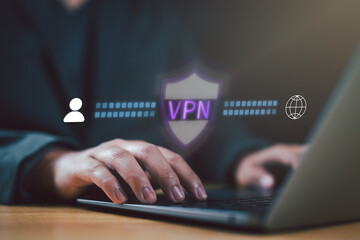 Fototapeta premium User connecting securely to the internet via VPN, representing online privacy, data protection, anonymous browsing, cybersecurity, and secure access through virtual private network technology.