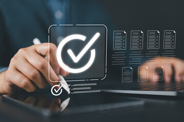 Digital checklist system on a tablet for creative content review, representing efficient form approval, quality control, and digital documentation in an online workflow.