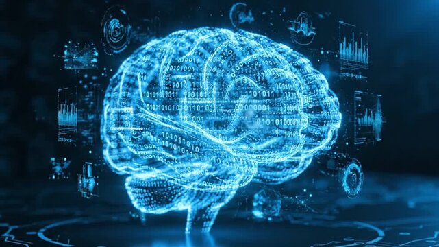 Glowing blue brain with binary code and data visualizations