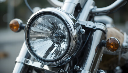 Chrome Motorcycle Headlight Reflection in a Stylish Close-Up Video Shot and Great Details