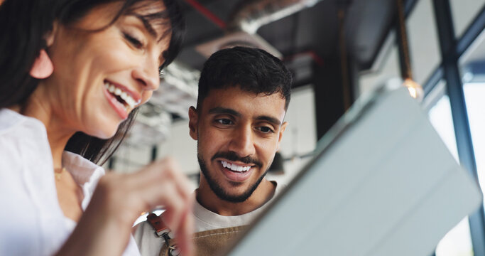 Owner, barista and meeting with tablet for online inventory checklist, staff schedule or review supplier info. Happy woman, man and restaurant team on tech for menu planning, cafe agenda or budget - Powered by Adobe