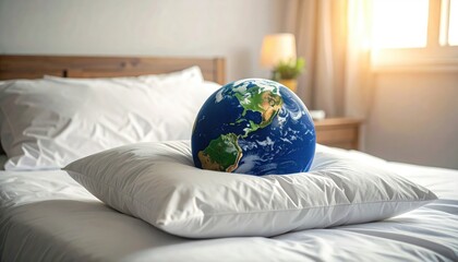 Global Dreams: A plush representation of Earth rests peacefully on a soft pillow atop a serene bed, inviting the viewer to contemplate a world of comfort and peace.