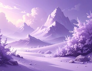 Soft lilac landscape with majestic snow-capped peaks and serene atmosphere