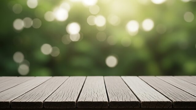 Soft sunlight filtering through green leaves onto wooden decking