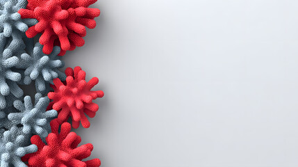 A cluster of vibrant red and blue floral elements arranged along the left side of the frame with a blank background on the right, evoking a sense of modern artistry. 