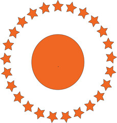 Minimal abstract vector illustration with an orange circular sun surrounded by star symbols, clean geometric composition, flat modern design, symbolic celestial concept, isolated on white background.