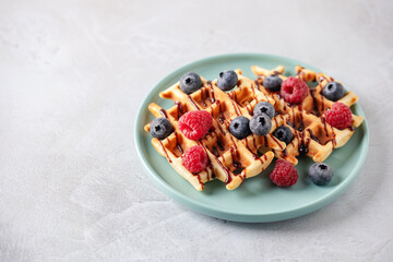 Homemade waffles with chocolate sauce and berries in plate on the table