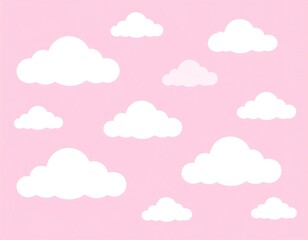 Soft pink background featuring a scattering of fluffy, white cloud illustrations