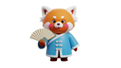 Cute Red Panda Character in Blue Robe Holding a Fan