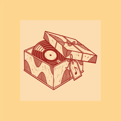 A vintage gift box filled with vinyl records and a musical note tag